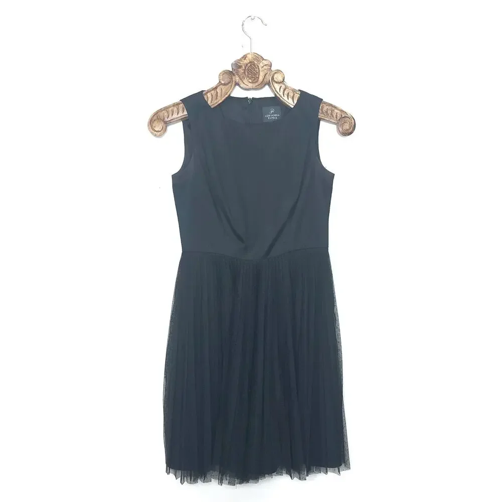 Adrianna Papell Pleated Polka Dot Tulle Black Dress Sleeveless Round Neck 4P